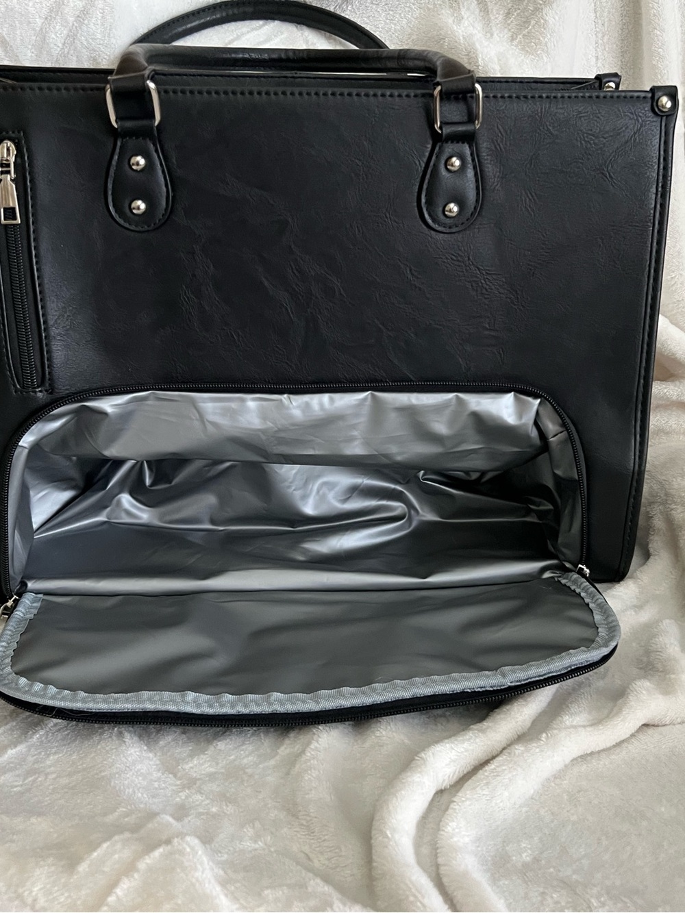Womens Black Tote with hidden lunch bag area.